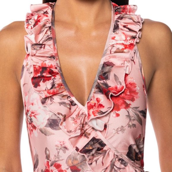 Blush Pink floral halter neck plunging ruffle bodysuit - Picture 1 of 5